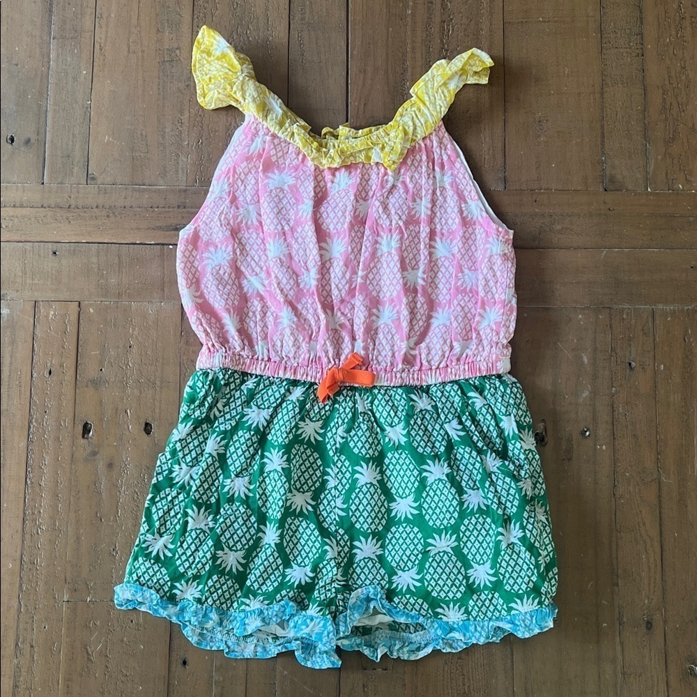Mini Boden Color block pineapple ruffled shirt romper 2-3 years